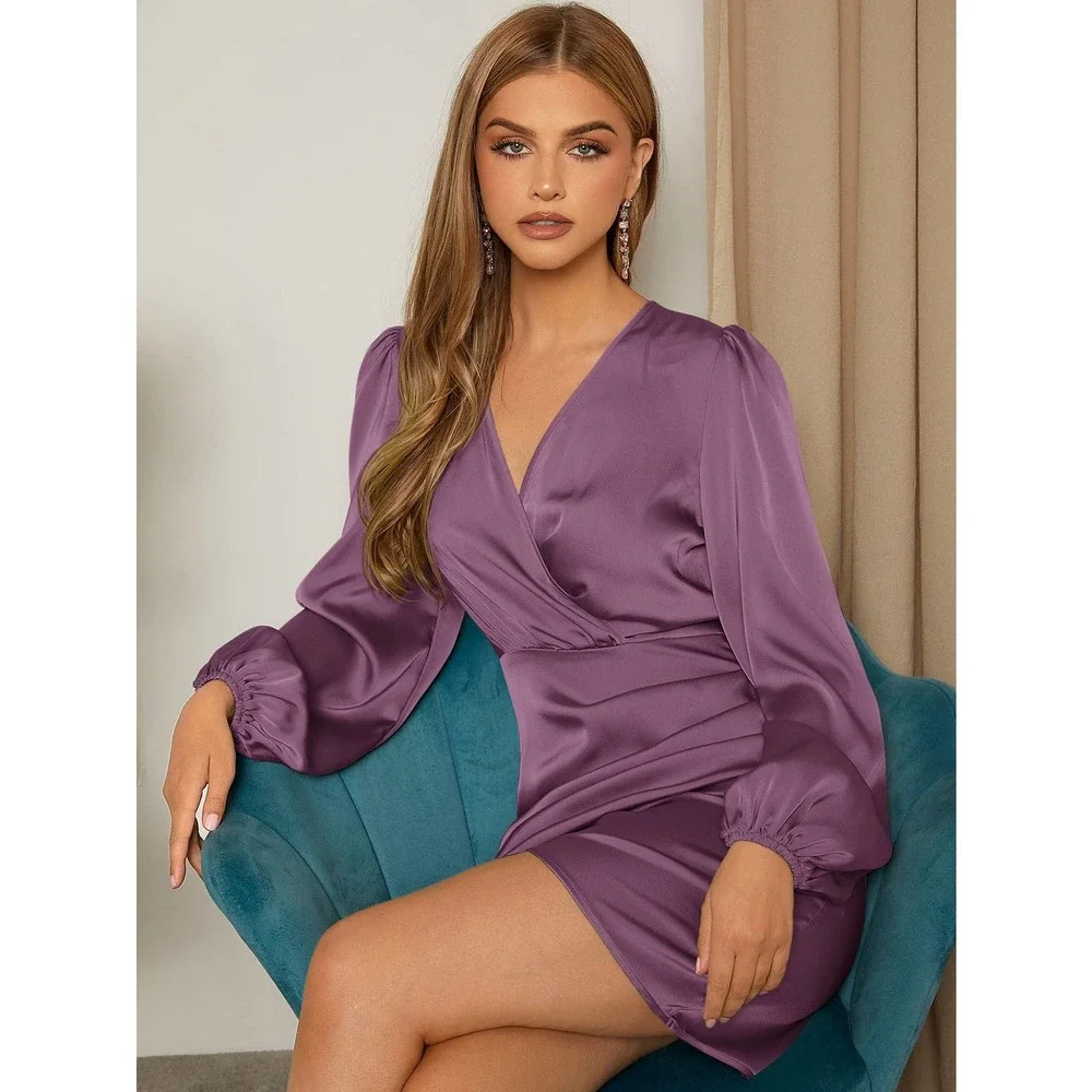 Surplice v Neck Lantern long Sleeve Wrap mini Dress satin black - Picture 10 of 11